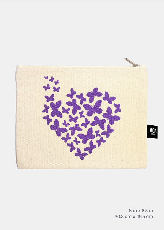 Purple Butterfly Heart Canvas Pouch